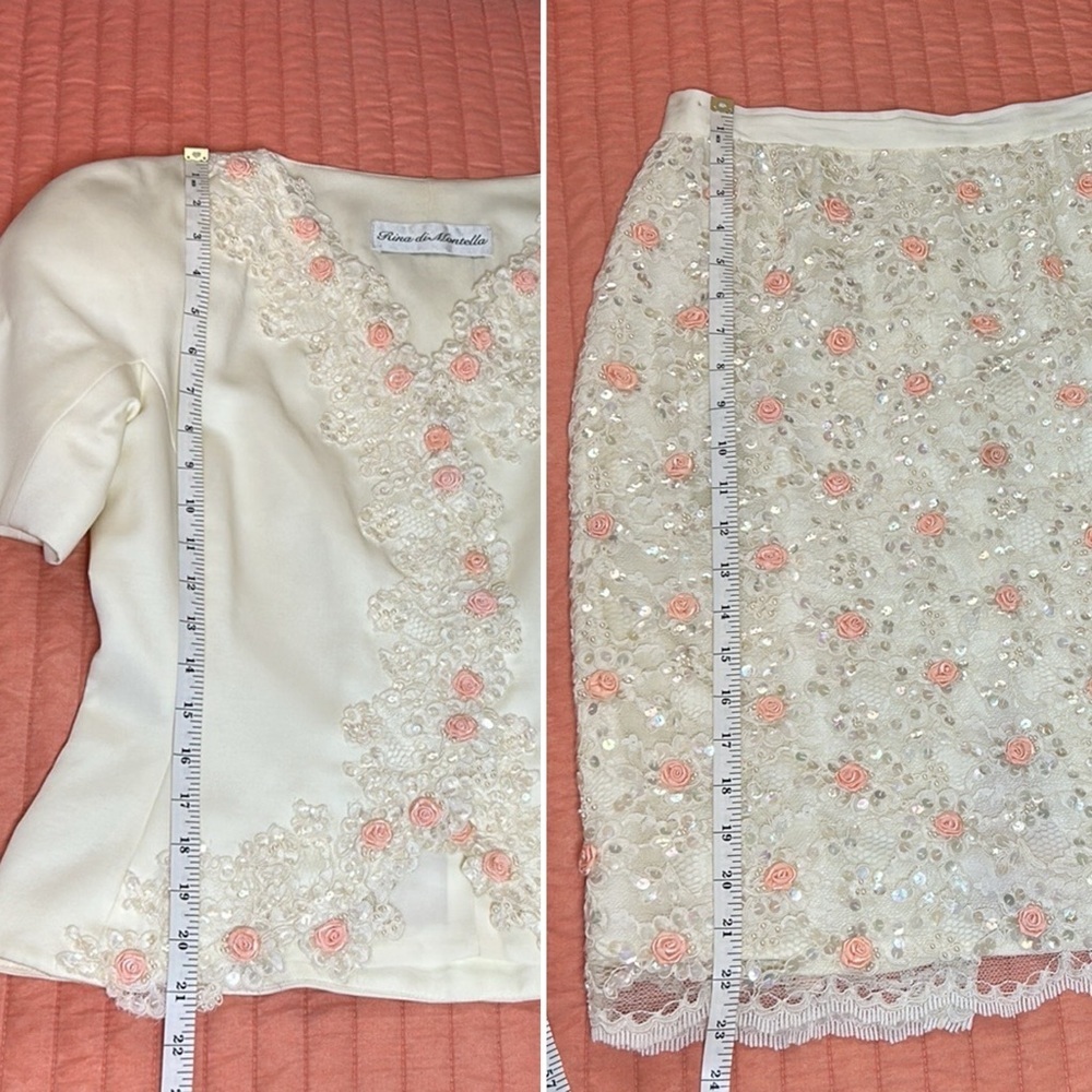 Vintage RINA diMONTELLA Blazer & Skirt set Lace and Rose Bud Embroidery Size 6 - Picture 11 of 17